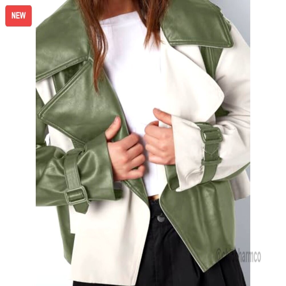 Oversized Cropped Leather Jacket with Color Block Design, Side Pockets - Picture 2 of 7